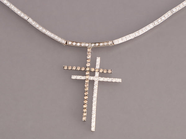 14K White Gold White and Brown Diamond Double Cross Pendant Necklace