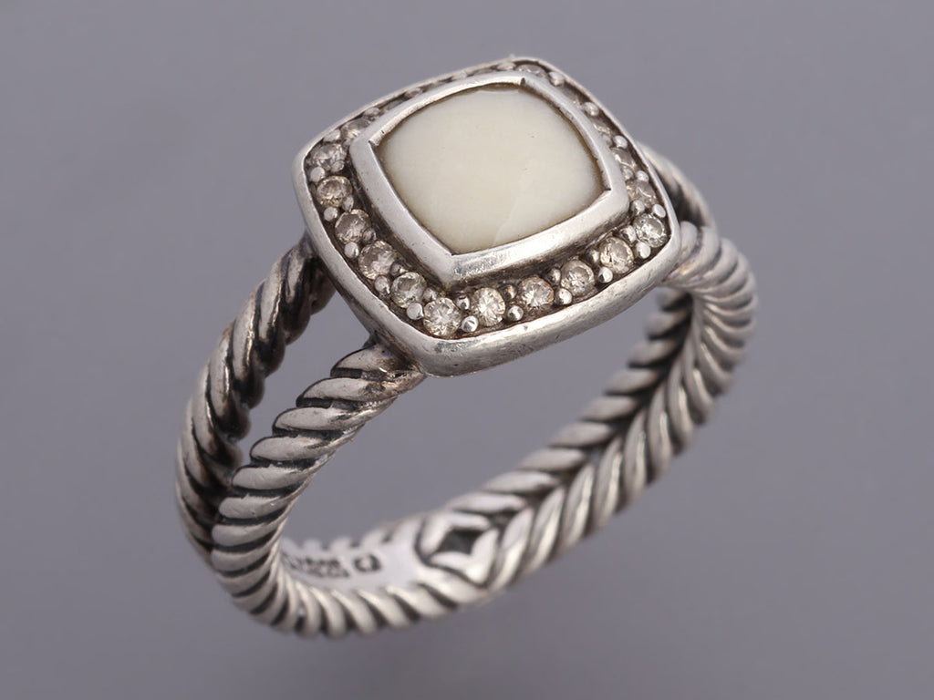 David Yurman Sterling Silver White Agate and Diamond Petite Albion Ring