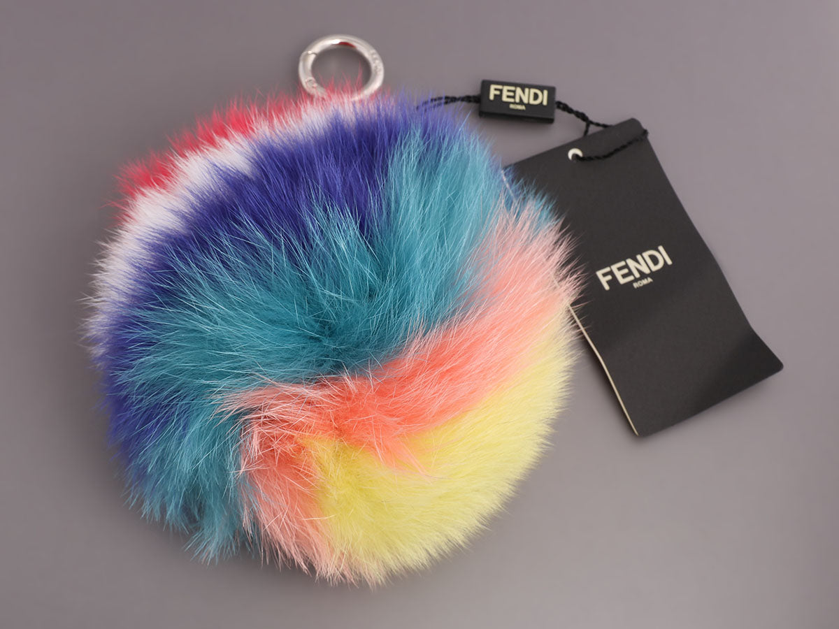Fox fur bag charm pompom blue white ,fur ball keychain , fur pom