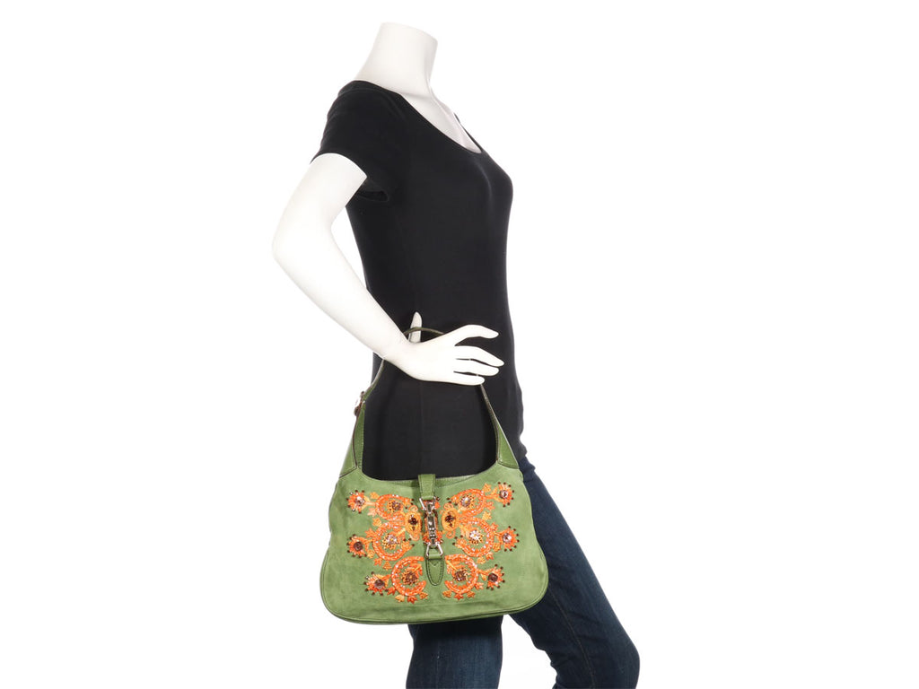 Gucci Green Embroidered Suede Jackie Shoulder Bag