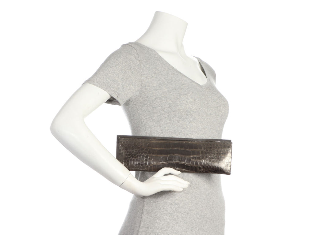 Gucci Pewter Long Crocodile Embossed Frame Clutch
