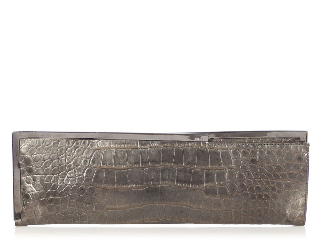 Gucci Pewter Long Crocodile Embossed Frame Clutch