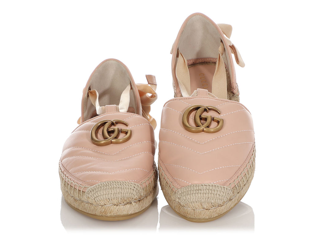 Gucci Pink Matelassé GG Marmont Ankle Wrap Espadrille Flats