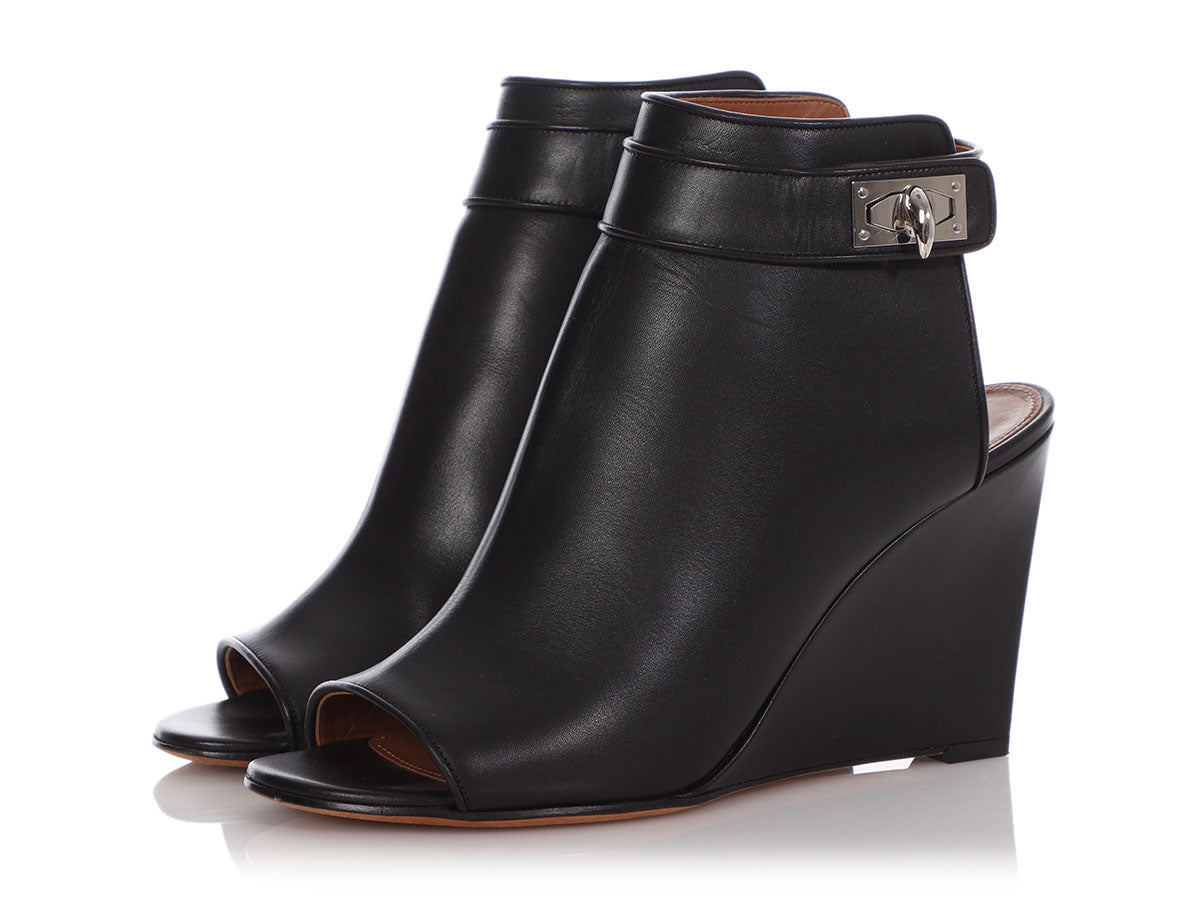 Givenchy Black Shark Lock Open Toe Wedge Booties - Ann's Fabulous Closeouts