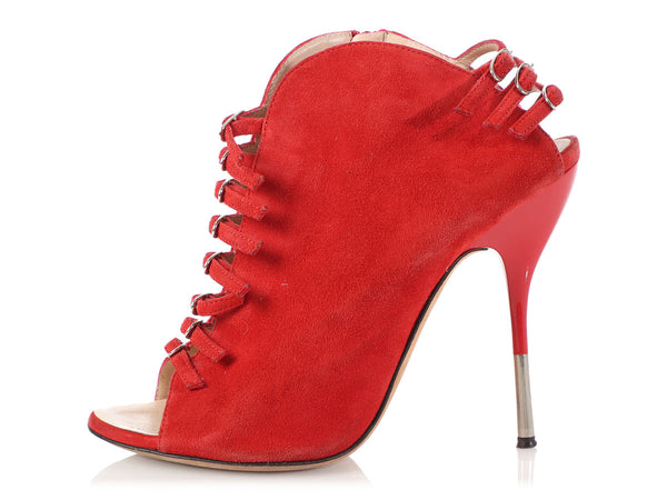 Giuseppe Zanotti Red Suede Strappy Open-Toe Booties