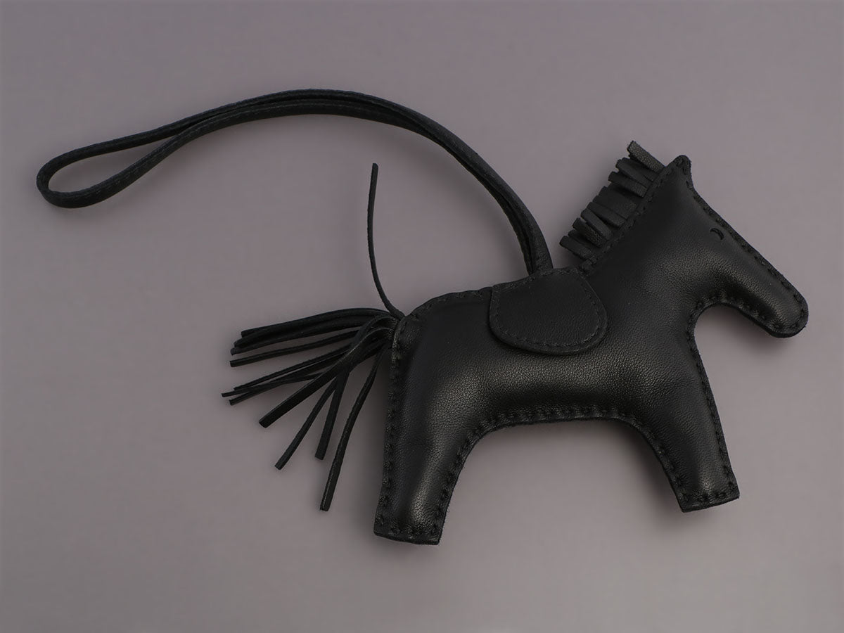 Authentic Hermes SO BLACK Rodeo Horse leather bag charm Birikin Kelly MM  Medium