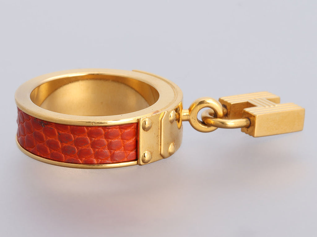 Hermès Gold and Red Lizard Cadenas Charm Scarf Ring
