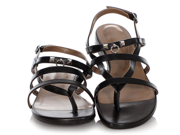 Hermès Black Leather Aphrodite Sandals