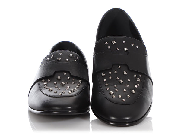 Hermès Black Studded Leather Ancora Loafers