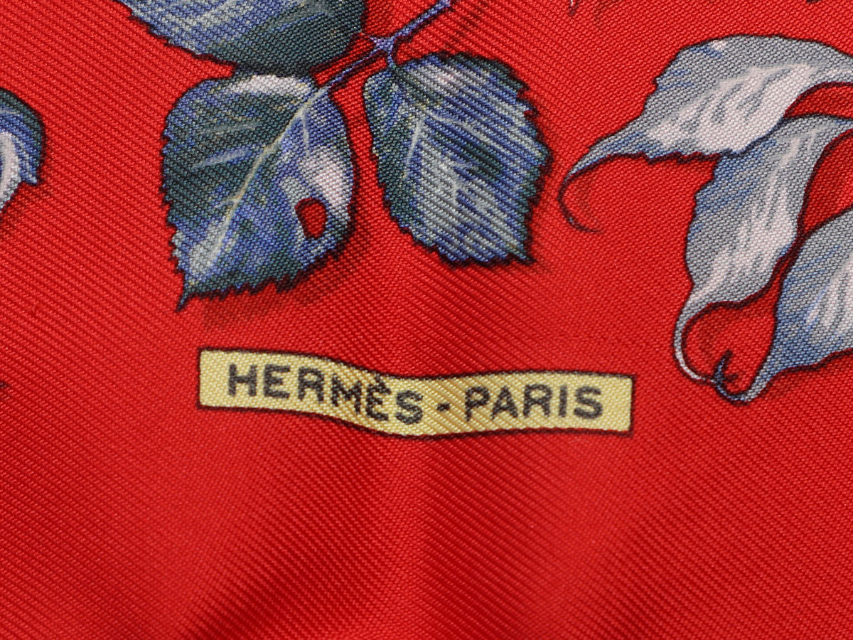 HERMES Red Blue Figures Silk Twill Pocket Square