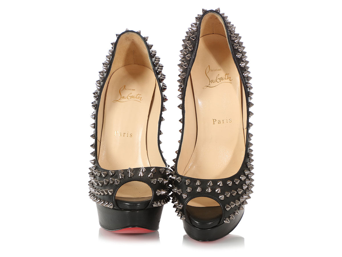 Christian Louboutin Lady Peep Spikes 150 Patent Black Heels Size 41 EUR
