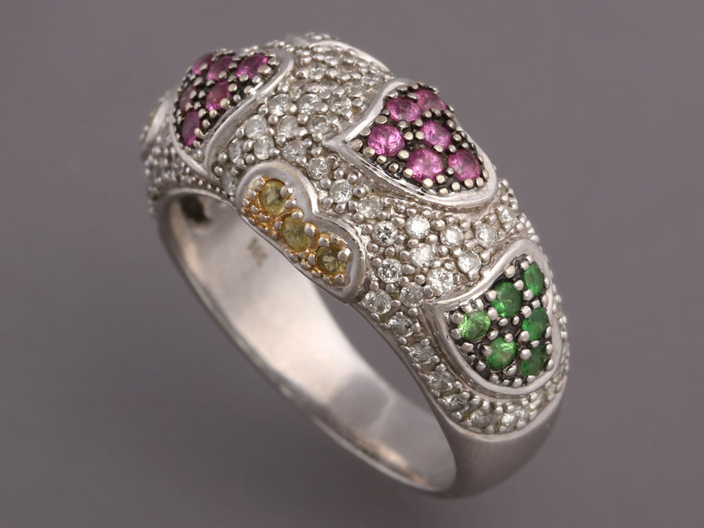 14K White Gold Diamond Multicolor Sapphire Hearts Ring