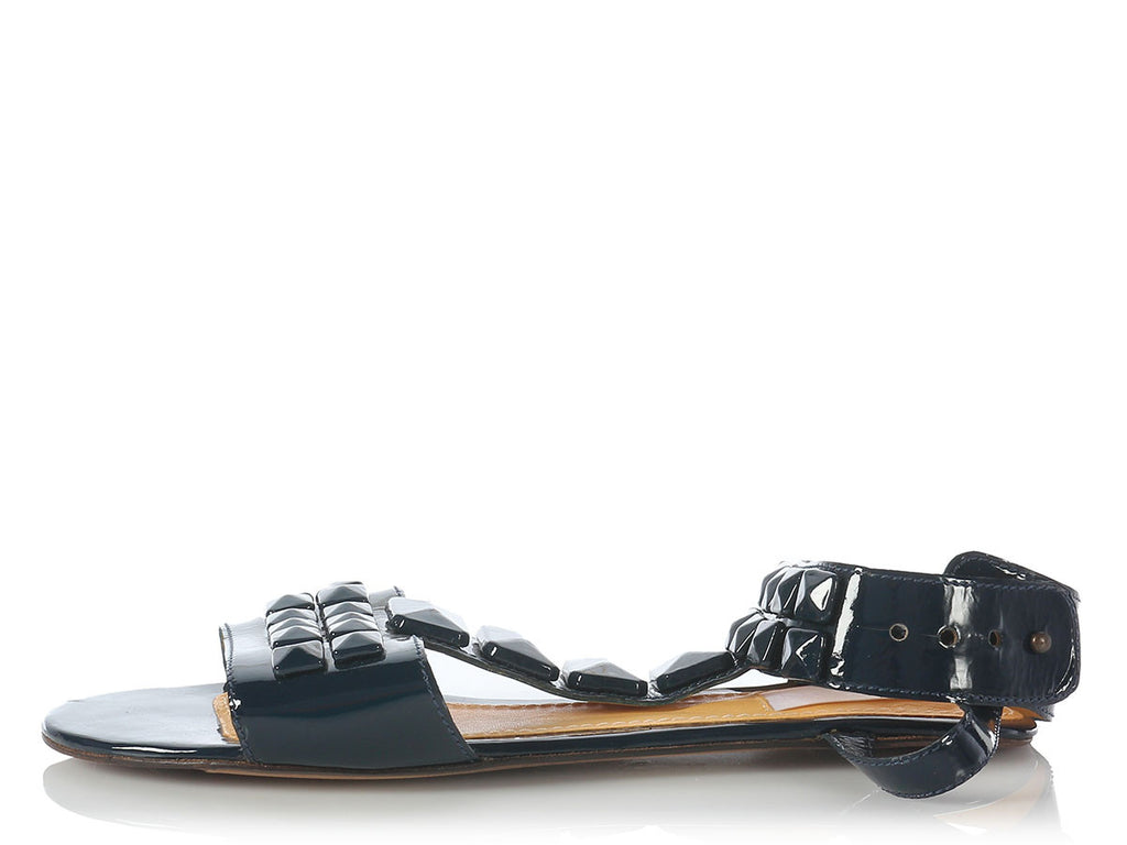 Lanvin Navy Patent Studded Flat Sandals