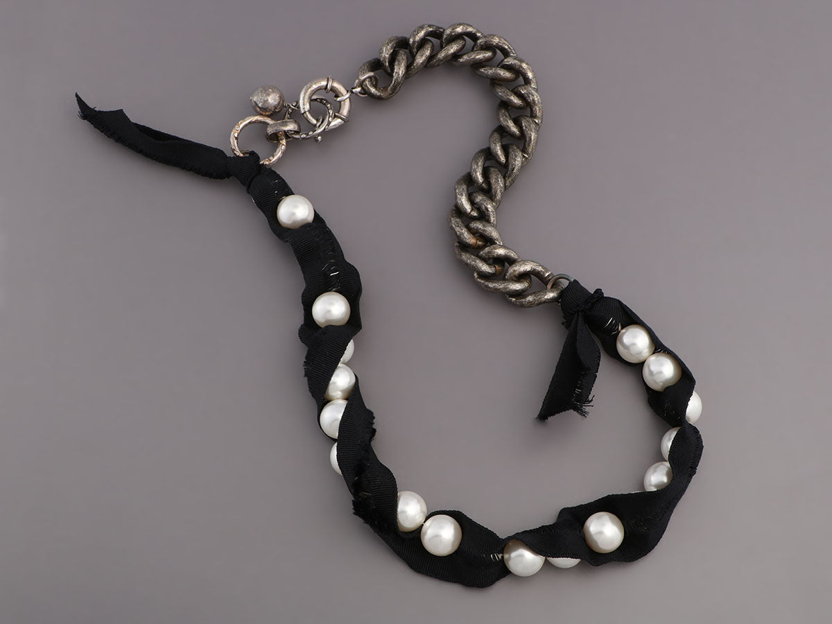 Lanvin Pearl, Black Ribbon, and Chain Necklace - Ann's Fabulous
