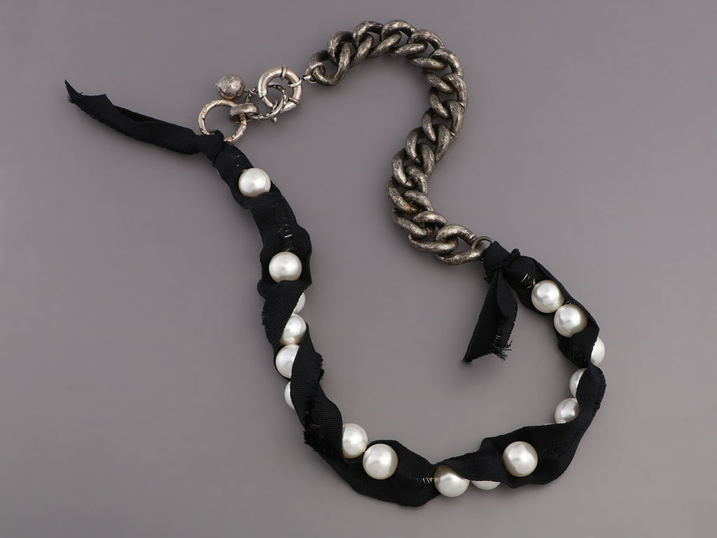 Lanvin Pearl, Black Ribbon, and Chain Necklace