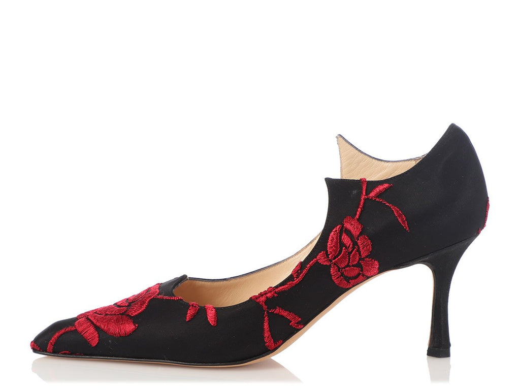Manolo Blahnik Black Satin Embroidered Heels