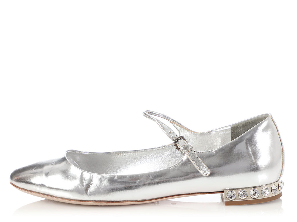 Miu Miu Silver Leather and Crystal Heel Mary Janes