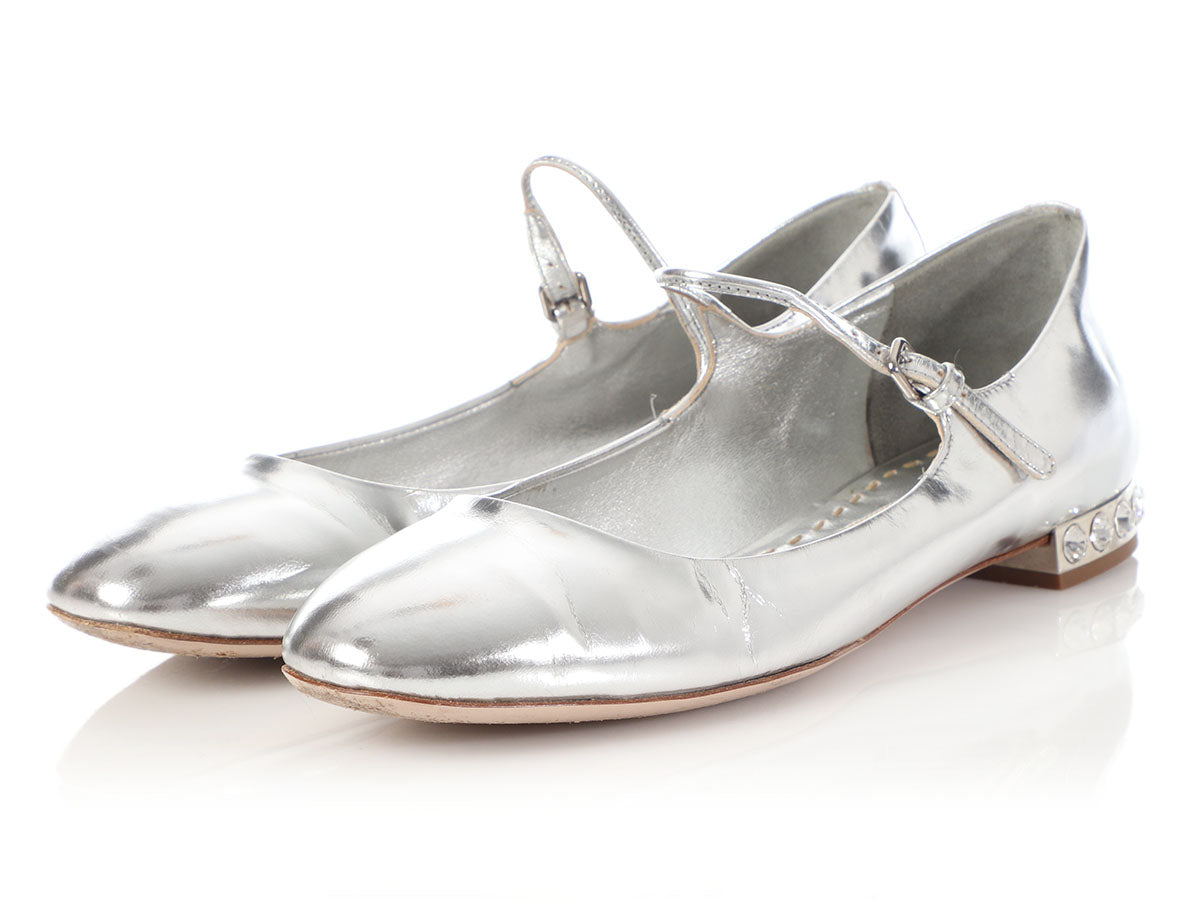 Miu Miu Silver Leather and Crystal Heel Mary Janes - Ann's