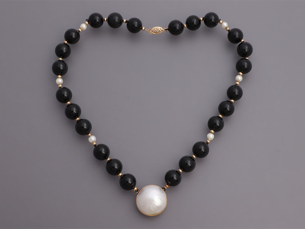 Gump's 14K Yellow Gold Black Onyx and Mabe Pearl Necklace