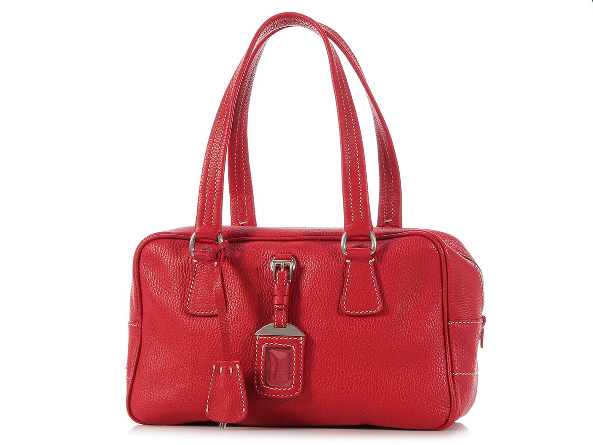 Prada Beige Canvas and Red Leather Bowling Bag - Ann's Fabulous Closeouts