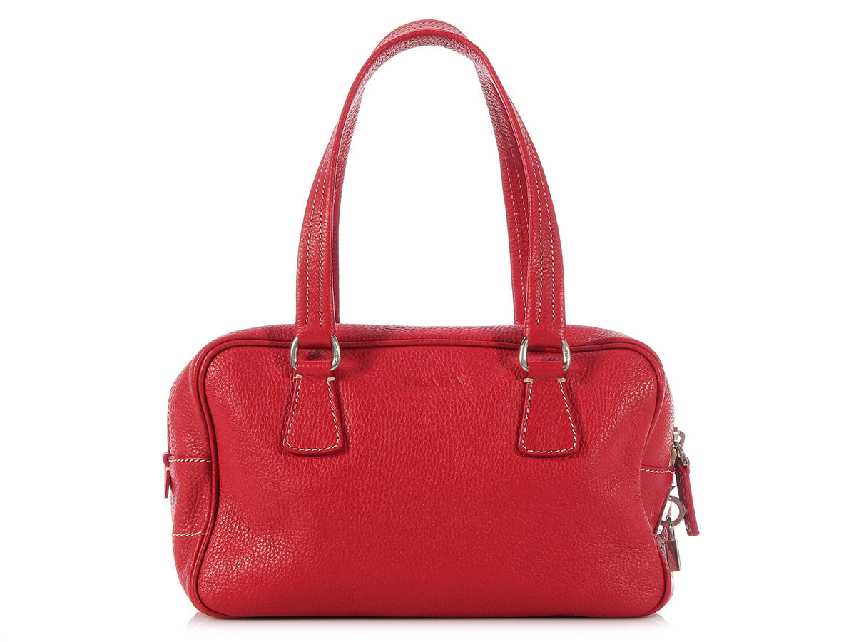 Vintage Prada Red Leather embossed Messenger Bag available in