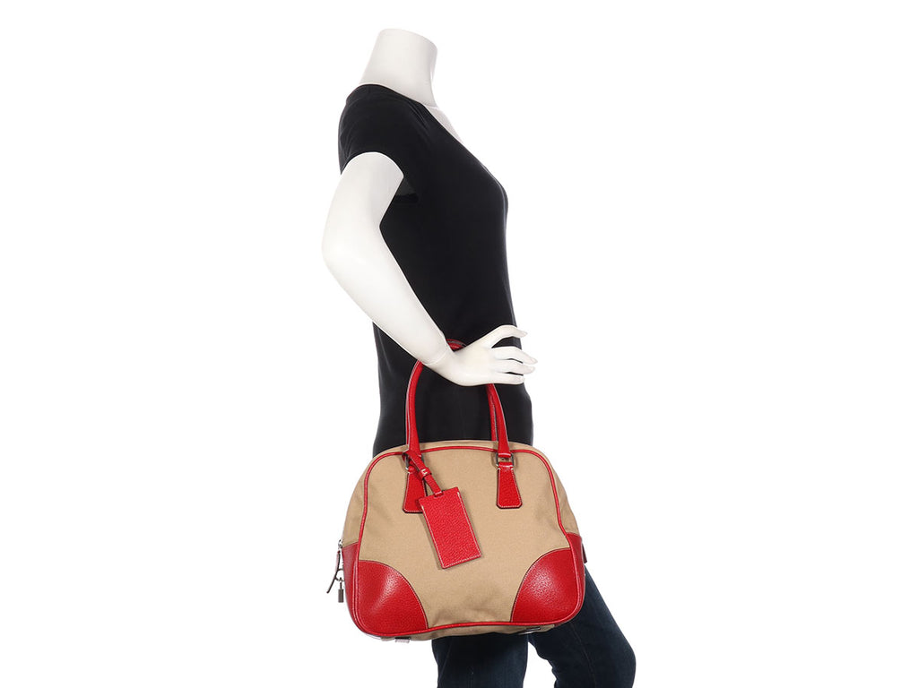 Prada Beige Canvas and Red Leather Bowling Bag