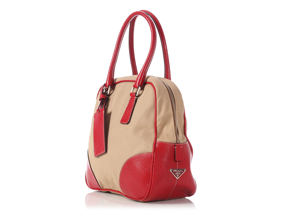 Prada Beige Canvas and Red Leather Bowling Bag - Ann's Fabulous Closeouts