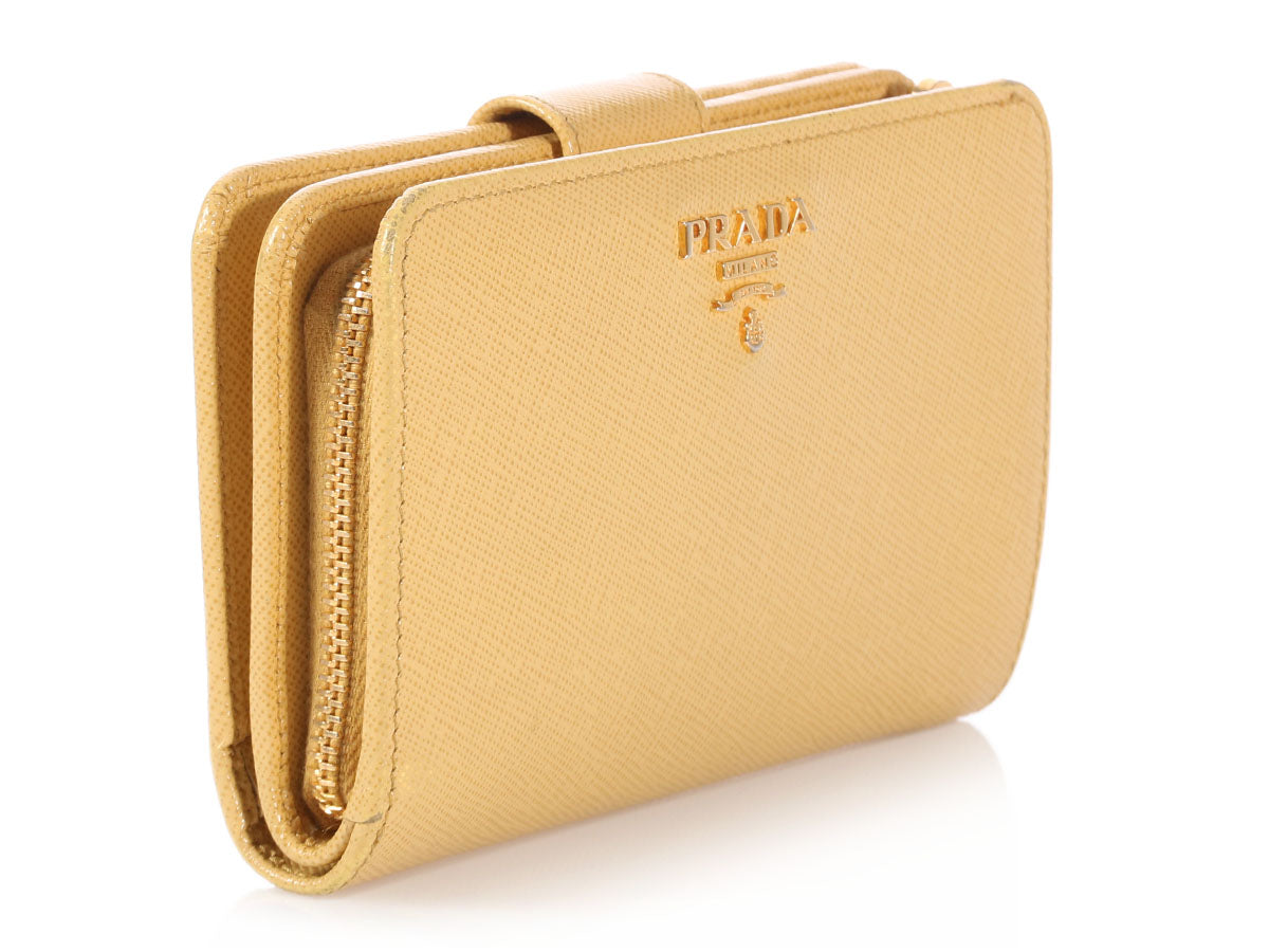 Prada pale yellow logo Saffiano leather crossbody wallet