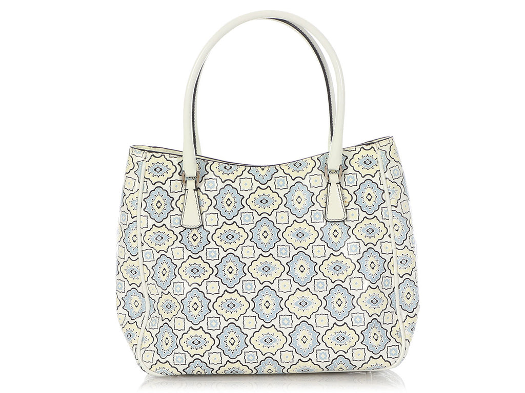 Prada Small Blue, Cream, and White Embossed Floral Tote