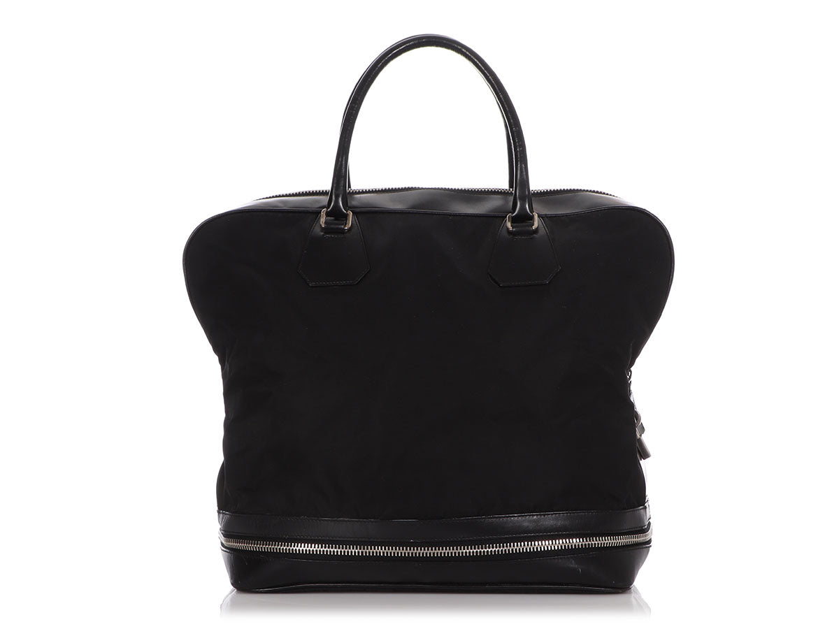 Prada Ladies Black Chain-embellished Leather And Re-nylon Shoulder Bag