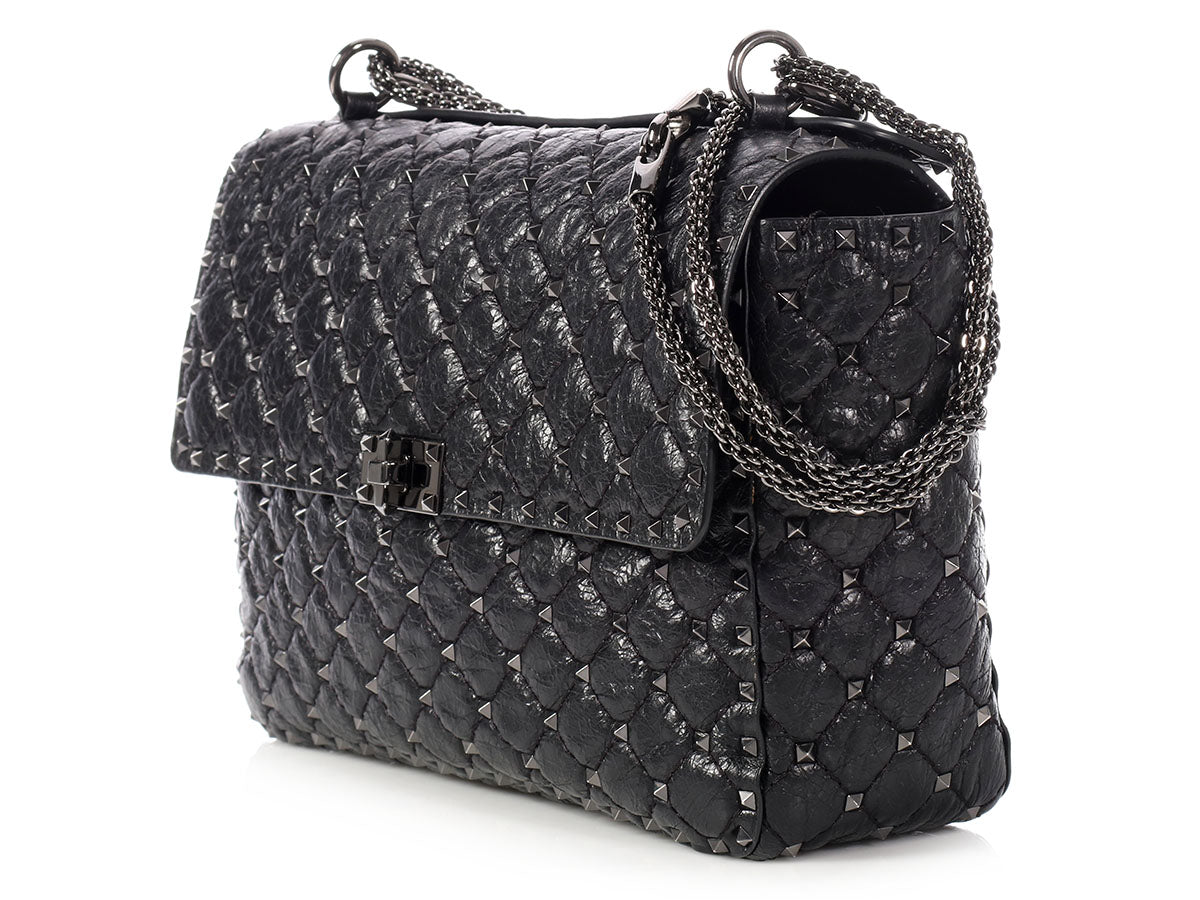 Women's Rockstud Spike Calfskin Shoulder Bag - Black - Black