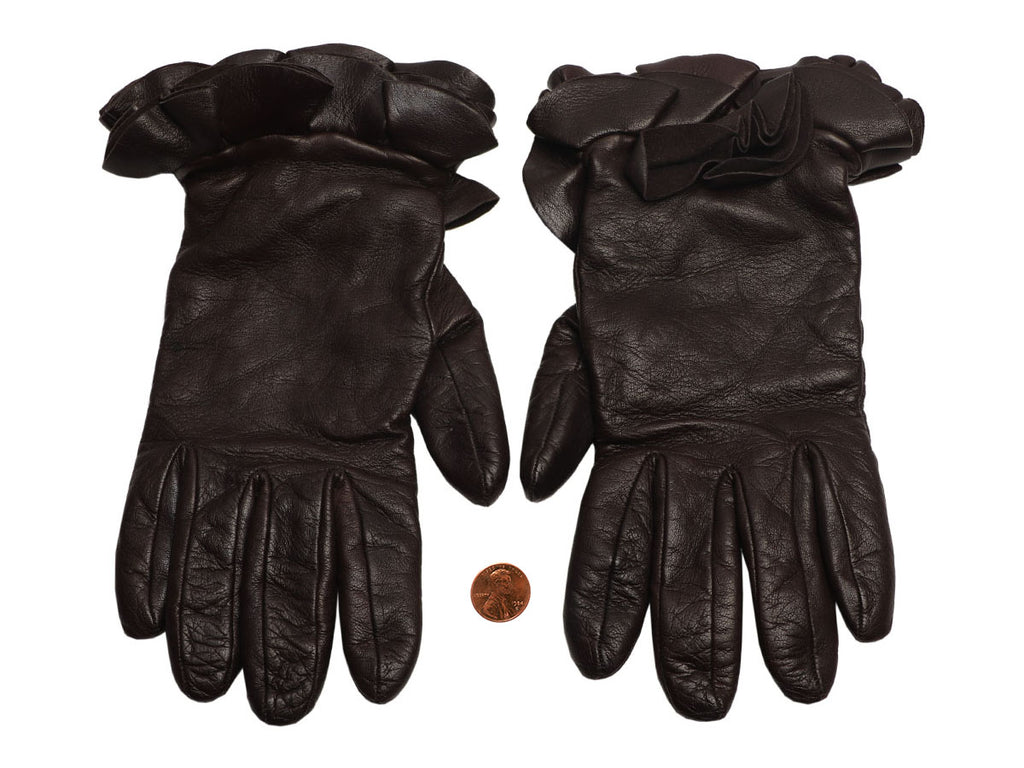 Valentino Brown Leather Ruffle Gloves