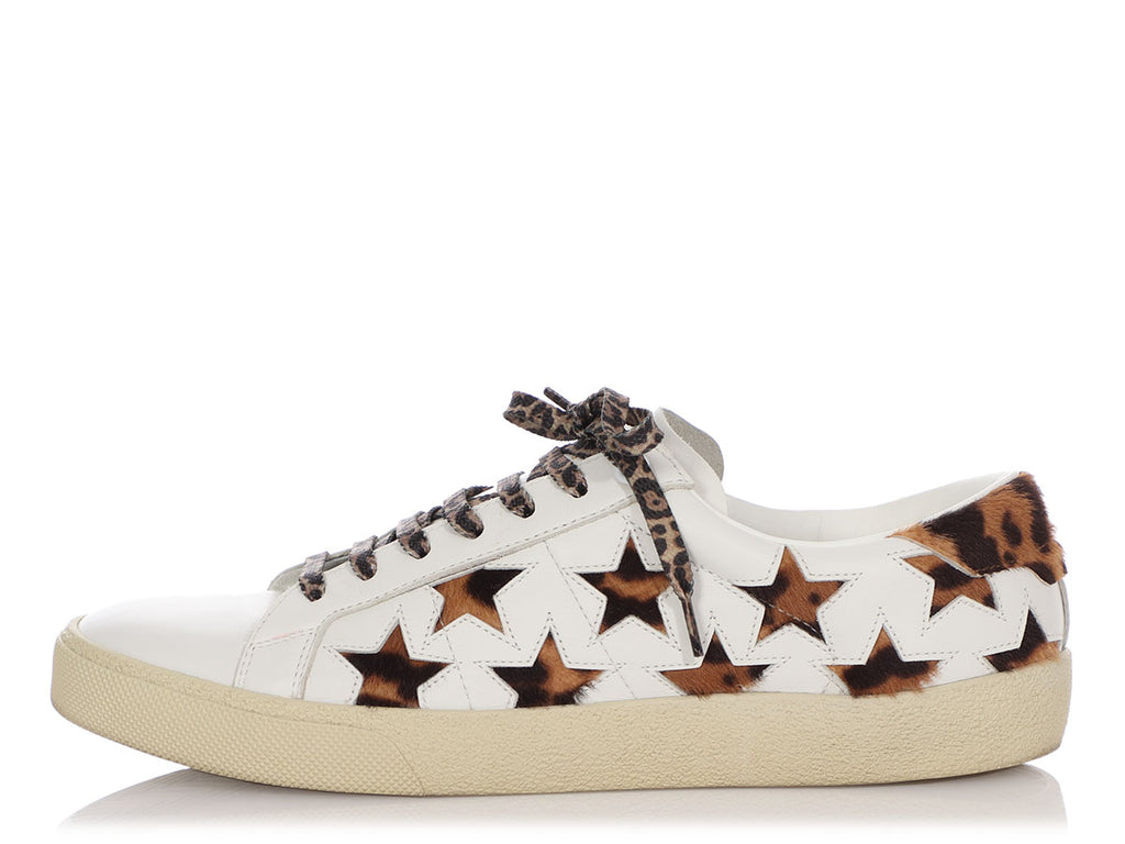Saint Laurent White Leather and Pony Hair Star Court Sneakers