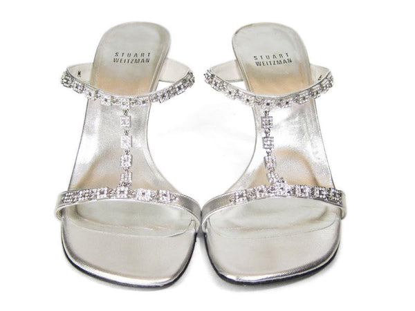 Stuart Weitzman Silver Tee-Up Crystal Sandals